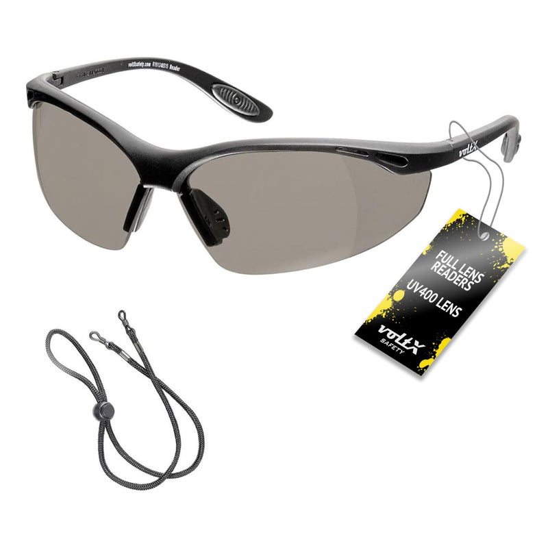 voltX 'Constructor' SAFETY READERS Full Lens Reading Safety Glasses (+1.5 Dioptre, Smoke) ANSI Z87.1+ & CE EN166F, Wraparound Style - Includes Safety Cord with headstop - UV400 anti fog coated lens - Image 2